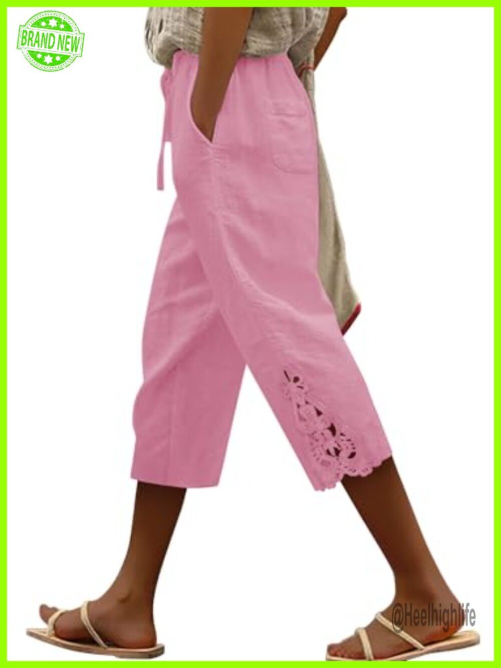 Womens Capri Pants Cotton Linen Lightweight Drawstring Elastic Waist Pockets